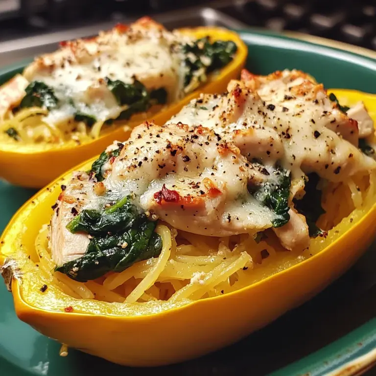 Garlic Parmesan Stuffed Spaghetti Squash with Chicken and Spinach